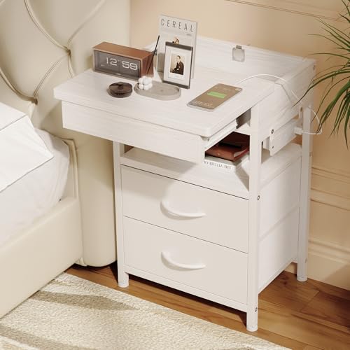Nightstand Bedside Table Hidden Drawer - Night Stand with Charging Station and Sliding Top Storage, Bed Side Table with 2 Fabric Drawers, Modern Nightstand for Bedroom Dorm Living Room, White - color: White, size: 2 Drawers