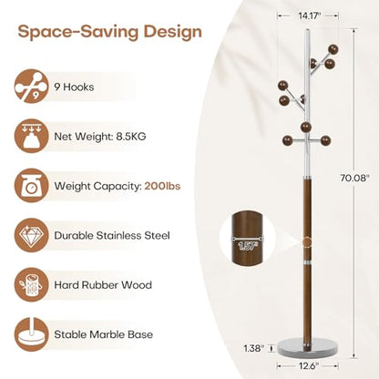 Coat Rack Freestanding Metal Coat Tree with 9 Rubber Wood Hooks | Heavy Duty Standing Coat Rack, Stainless Steel Marble Base, Coat Hanger Stand for Bedroom Entryway Hallway, Hat, Bags - color: B