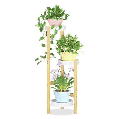 iDavosic.ly 3 Tier Bamboo Plant Stand Indoor Outdoor with Plastic Tray, Tiered Corner Flower Holder Shelf, Space Saving Orchid Display Rack for Patio Porch Living Room Garden Balcony, Natural White - color: Natural, size: 3 Tiers