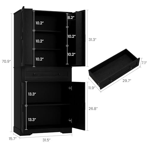 Garvee 71" Kitchen Pantry Cabinet, Barn Door Freestanding Cupboard with Drawer, Sliding Storage Rack, and 6 Hanging Shelves for Kitchen, Dining Room, Living Room Bedroom - color: Black