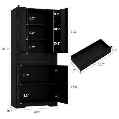 Garvee 71" Kitchen Pantry Cabinet, Barn Door Freestanding Cupboard with Drawer, Sliding Storage Rack, and 6 Hanging Shelves for Kitchen, Dining Room, Living Room Bedroom - color: Black