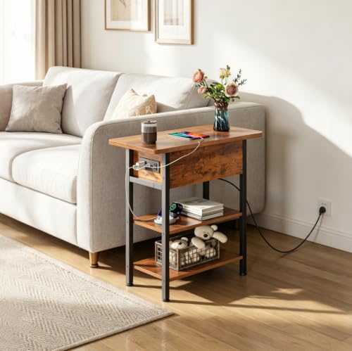 WLIVE 3-Tier End Table with Charging Station, Flip Top Narrow Side Table with Storage Shelf, Small Nightstand with USB Ports and Outlets,Bedside Table for Living Room, Bedroom - color: Rustic Brown