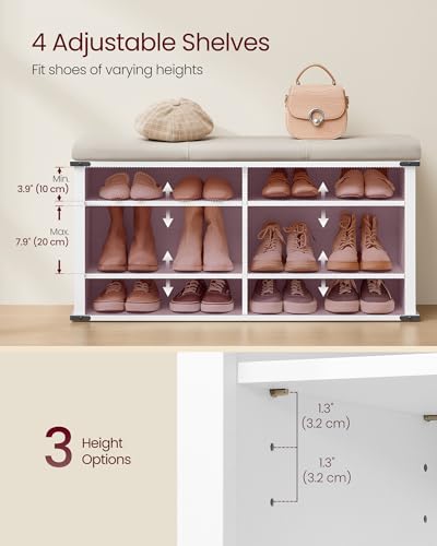 VASAGLE LIRY Collection - Shoe Storage Bench with Removable Cushion, Shoe Rack with Padded Seat, Entryway Bench with 6 Open Compartmens, Adjustable Shelves, Cloud White ULSB105W01 - color: Cloud White, size: 12.2"D x 40.2"W x 20"H