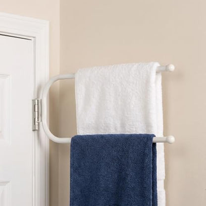 Novabright Door Hinge Towel Bar Rack Behind Storage Door Double Bar Towel White Alloy Steel Rack Holder Hinge Mounted for Family Compact Spaces Small Bathrooms Bedroom