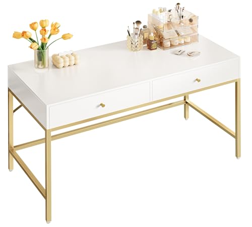 SUPERJARE Vanity Desk with Drawers, 47 inch Computer Desk, Modern Simple Home Office Desks, Makeup Dressing Table for Bedroom - White and Gold - color: White and Gold, size: 47 inch