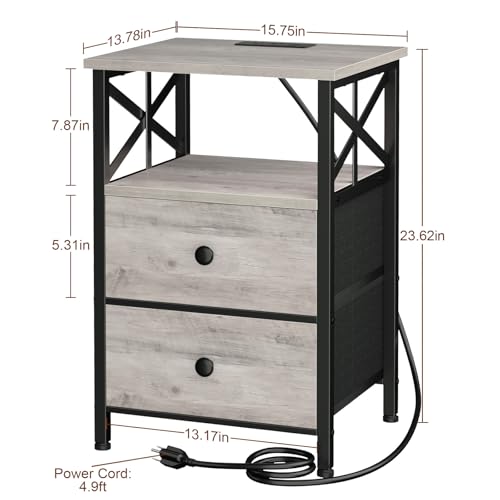 AMHANCIBLE Nightstands Set of 2, Large Night Stand with Charging Station | Bedside Table with 2 Fabric Drawers, End Side Tables Living Room, with Open Shelf, USB Ports Outlets, for Bedroom, Grey - color: Greige Black
