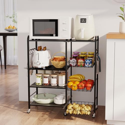 HapiRm Rolling Kitchen Microwave Cart - 4 Tier Microwave Table Stand with Pull-Out Baskets, Coffee Bar Baker's Rack with Wheels Rolling Storage Cart Organizer Shelf for Living Room Office, Balcony - color: Black