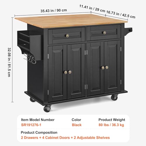 VEVOR Kitchen Island Cart, 35" Wood Top Mobile Carts with Storage Cabinet, Rolling Table with Drop Leaf, Spice Rack, Towel Bar, Adjustable Shelf, Drawer, and Hooks, Portable Islands on Wheels, Black - size: 35.4" W Drop Leaf, style: 2 Drawers & 4 Doors
