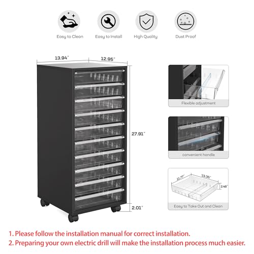 WOPITUES Storage Drawer Cart, Mobile Storage Cabinet, Makeup Storage with 10 Large Clear Drawers, Utility Wooden Rolling Cart on Wheels, for Cosmetic, Art Craft, Office Supplies, Toy, Black