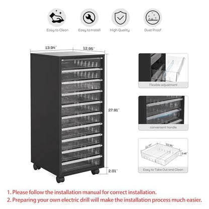 WOPITUES Storage Drawer Cart, Mobile Storage Cabinet, Makeup Storage with 10 Large Clear Drawers, Utility Wooden Rolling Cart on Wheels, for Cosmetic, Art Craft, Office Supplies, Toy, Black