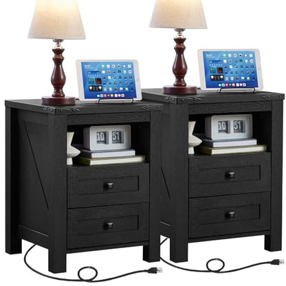 Joaxswe Night Stands with Charging Station Set of 2, Farmhouse Nightstand, Wooden Bedside End Tables with 2 Drawers and Open Shelf, Bed Side Table for Bedroom, Living Room, Closet, Office (Black) - color: Black, size: 2 pack