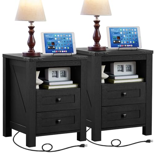 Joaxswe Night Stands with Charging Station Set of 2, Farmhouse Nightstand, Wooden Bedside End Tables with 2 Drawers and Open Shelf, Bed Side Table for Bedroom, Living Room, Closet, Office (Black) - color: Black, size: 2 pack