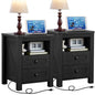 Joaxswe Night Stands with Charging Station Set of 2, Farmhouse Nightstand, Wooden Bedside End Tables with 2 Drawers and Open Shelf, Bed Side Table for Bedroom, Living Room, Closet, Office (Black) - color: Black, size: 2 pack