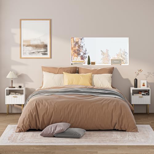 Night Stand,Modern Bedside Table with Drawer and Shelf,White Night Stand with Gold Frame,Small Side Table for Bedroom,Living Room - color: White
