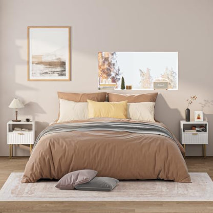 Night Stand,Modern Bedside Table with Drawer and Shelf,White Night Stand with Gold Frame,Small Side Table for Bedroom,Living Room - color: White