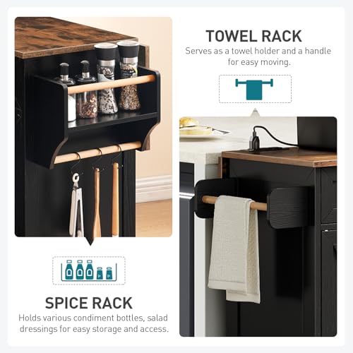RALGEND Kitchen Island with Drop Leaf & Power Outlet, Rolling Kitchen Island Cart On Wheels, Barn Door Kitchen Island Table with Storage, Island Table for Kitchen, Black and Rustic Brown - color: Black + Rustic Brown