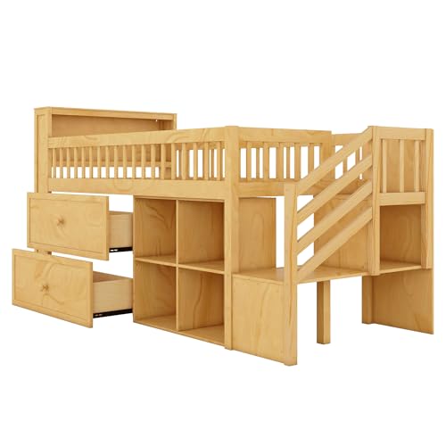 Twin Size Loft Bed with LED and Bookshelf, Wood Low Loft Bed with Stairs,Twin Loft Bed with Storage Drawers and Shelves, Natural