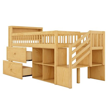 Twin Size Loft Bed with LED and Bookshelf, Wood Low Loft Bed with Stairs,Twin Loft Bed with Storage Drawers and Shelves, Natural