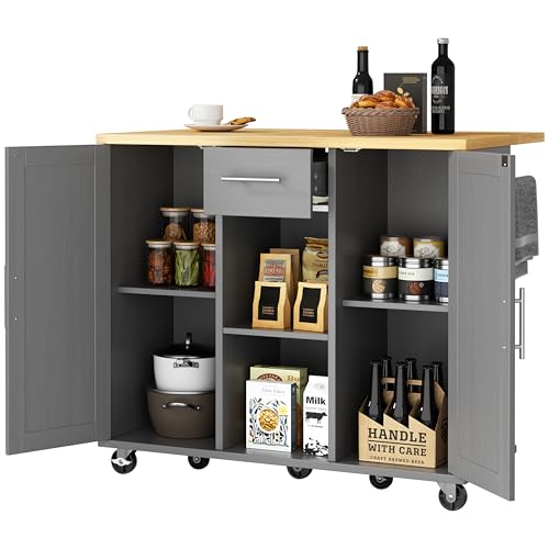 JY QAQA 42" Kitchen Island with Storage on Wheels, Rolling Table with Drop Leaf, Drawers, Cart Handle for Towel Rack or Free Movement, Gray - color: Grey