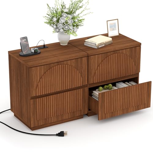 Fluted Nightstands Set of 2 with Charging Station, Walnut | Fluted nightstand with charging station, 2 drawers, arched fronts and a curved base - size: 1SET