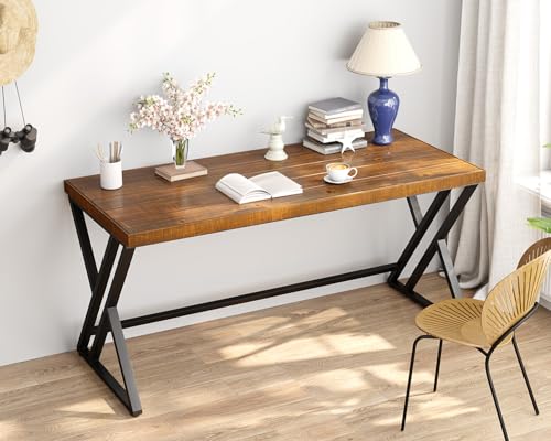 Real Wood Computer Desk, Modern Natural Wood Home Office Desk, Rustic Solid Wood Work Study Writing Desk, Farmhouse Workstation PC Gaming Executive Table for Bedroom, Brown, 47 inch - size: 47 inch