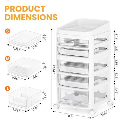 Rolling Cart with 5 Drawers, Clear Plastic Drawer Organizers, Dust Proof Under Desk Storage for Makeup, Skincare, Art Crafts and Baby Items, Acrylic Cosmetic Organizer with Dividers, Vanity Cart - size: 5 Tier