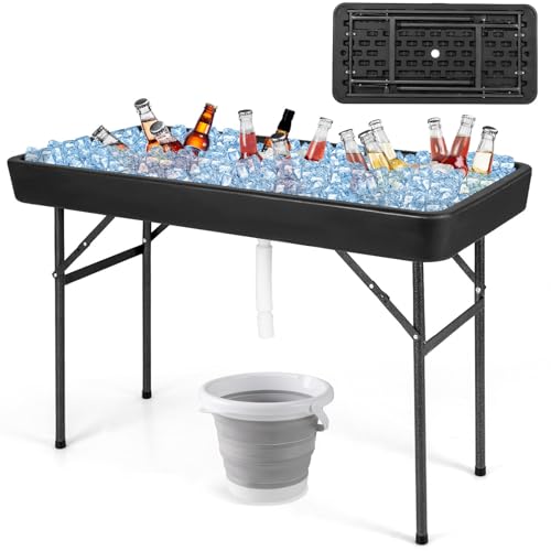 Giantex 4 FT Folding Ice Cooler Table with Drain & Bucket, Removable Skirt, No Assembly, Portable Fill and Chill Table for Food Drink Beverage, Foldable Party Ice Bin for Camping BBQ, Black - color: Black, size: 24"D x 48"W, style: With Bucket