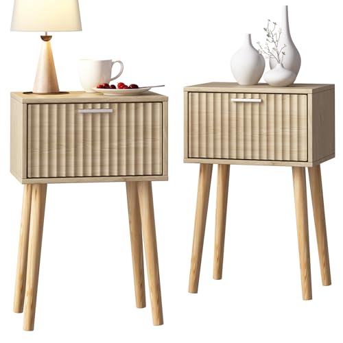 LAATOOREE Nightstands Set of 2, Small Side Table, Bedside Table with Fluted Door, Solid Wood Feet; Modern Mid-Century End Table for Bedroom, Small Space (Natural) - color: Natural, style: Fluted Style