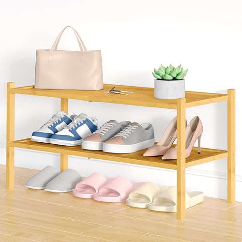 Smiry Bamboo Shoe Rack, 2 Tier Shoe Organizer for Entryway & Closet, Stackable Free Standing Storage Shelf for Shoes, Bags & Plants, Natural - color: Natural, size: 2 Tier-26.77" Wide