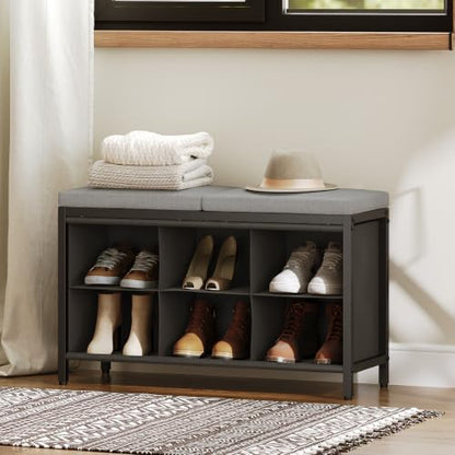 YATINEY Shoe Storage Bench with Cushion, Entryway Bench, Shoe Rack with Padded Seat and 6 Oxford Compartments, for Closet, Bedroom, Entryway, Black and Gray HX01BK