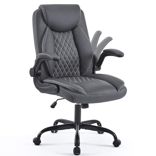 YFO Leather Office Chair, Ergonomic Home Office Desk Chair, Back Support Swivel Executive Office Chair with Wheels and Flip-Up Armrests, Small Gaming Chair with Adjustable Rocking Function, Grey - color: Grey