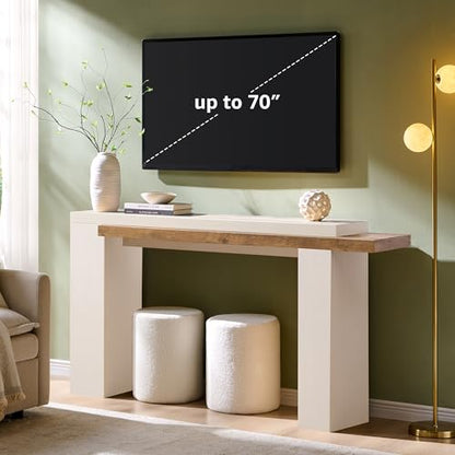 OKD 63" Modern Geometric Console Table with Layered Top, Antique White | Extended Layered Top, Sturdy Support Legs, Entryway, Hallway, Foyer, Living room, Behind Sofa - color: Antique White