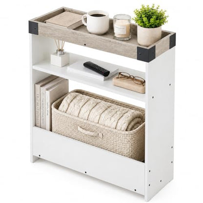 Farmhouse Narrow Side Table with Tray Top & Magazine Rack, Oak & White Sofa Couch Side Table with Storage Shelf, 24" Slim End Table for Small Spaces, Modern Nightstand for Bedroom, Living Room - color: White & Oak