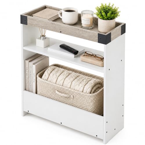 Farmhouse Narrow Side Table with Tray Top & Magazine Rack, Oak & White Sofa Couch Side Table with Storage Shelf, 24" Slim End Table for Small Spaces, Modern Nightstand for Bedroom, Living Room - color: White & Oak