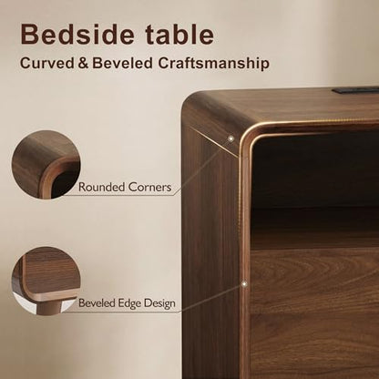 Nasonet Mid Century Modern Nightstand with Charging Station, Wood Bedroom End Tables Nightstands with Drawers, Curved Bedside Table for Living Room, Bedroom, Walnut - color: Walnut, size: 2 Drawers