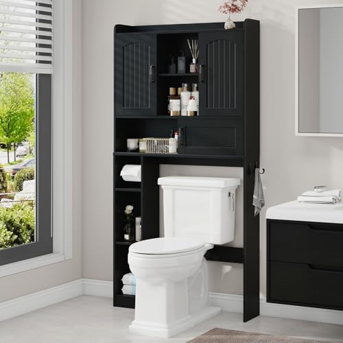 Vabches Over The Toilet Cabinet with 2 Barn Doors & Sliding Door, Black | Farmhouse Toilet Storage Rack, Bathroom Organizer with Open Storage Layer and Adjustable Shelves & Hooks - color: Black