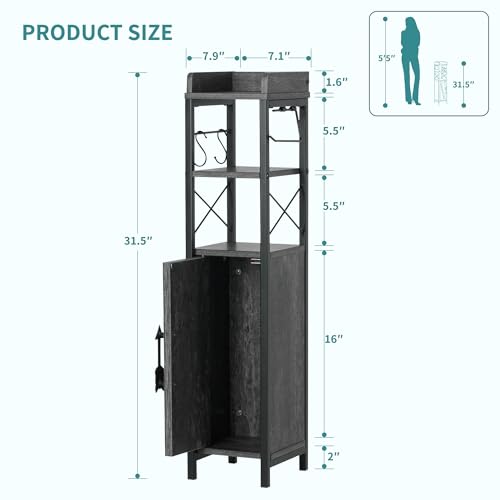 VECELO Small Bathroom Storage Cabinet, Slim Toilet Paper Holder with Shelves & Metal Racks, Organizer Cabinet for Narrow Spaces, Iron Gray, Farmhouse Style
