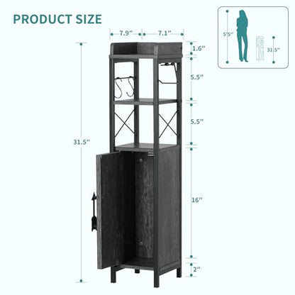 VECELO Small Bathroom Storage Cabinet, Slim Toilet Paper Holder with Shelves & Metal Racks, Organizer Cabinet for Narrow Spaces, Iron Gray, Farmhouse Style