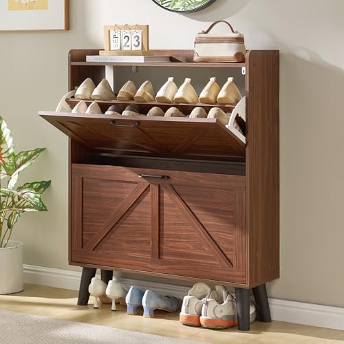 LEYAOYAO Shoe Cabinet Storage for Entryway with 2 Flip Drawers | Rack Narrow Organizer Slim Hidden Wood Shoe Cabinet Furniture - color: Walnut