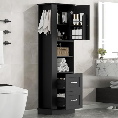 67.8''Tall Bathroom Cabinet with 2 Drawers, Freestanding Storage Organizer Unit with Door Shelf and Adjustable Shelves, Wooden Floor Cabinet with Hooks for Bathroom Laundry Room, Black - color: Black, size: 13.8"D x 20.9"W x 67.8"H