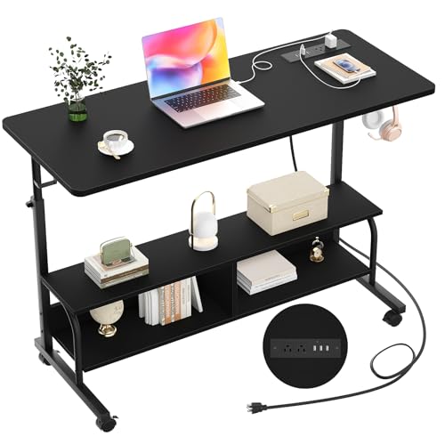 Armocity Rolling Standing Desk with Charging Station, Portable Height Adjustable Mobile Computer Desk with Wheels & 2-Tier Shelves & Hooks, Easy Assembly Laptop Table for Couch Bed, 47" Black - color: Black, size: 47''