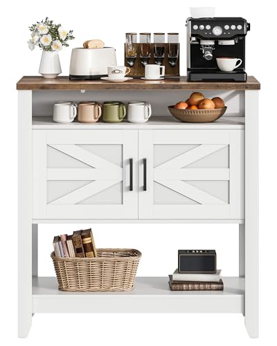 CHOEZON Console Table, Farmhouse Sofa Table with Power Outlet, Coffee Bar Cabinet with Storage, Entryway Table, Coffee Bar Table, for Entrance, Hallway, Kitchen, White and Walnut MXG01UWL