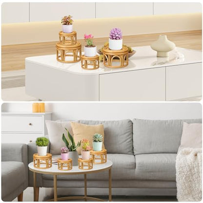 Wenqik 4 Pcs Boho Rattan Plant Stand Woven Wicker Round Riser Stand Indoor Rustic Farmhouse Natural Circle Plant Pedestal Round Accent Centerpiece for Home Kitchen Office Display, 2 Size
