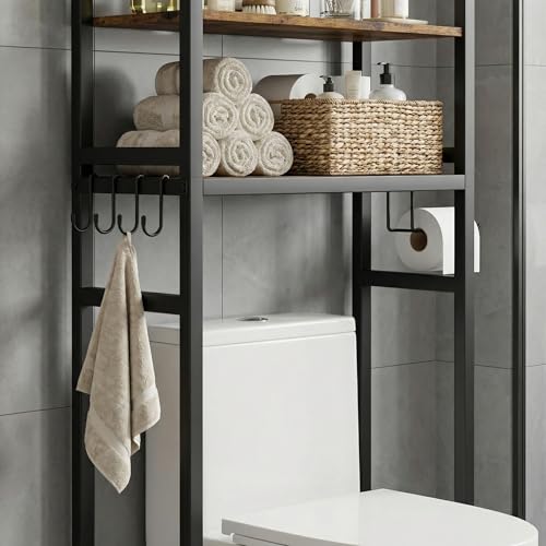 76" H Over the Toilet Storage Rack, 4-Tier Bathroom Organizer with Toilet Paper Holder & Hooks, Metal Frame with Wooden Shelves, Space Saver for Small Bathroom, Rustic Brown and Black - size: 4-tier