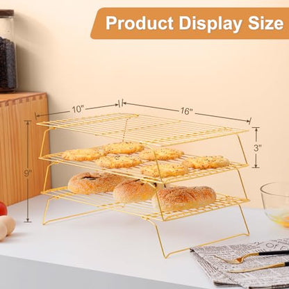 Cooling Rack for Baking 3 Tiers, 16" x 10" Cookie Cooling Wire Rack Stackable Collapsible Nonstick, Stainless Steel Baking Cooking Cooling Racks with Optimum Air Flow, Gold - color: Gold, size: 16"x10"-3Tier