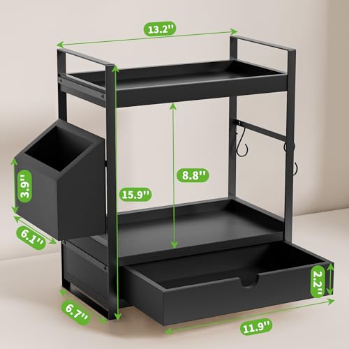 2-Tier Bathroom Counter Organizer, Wooden Vanity Shelf with Drawer & Basket | Pre-Drilled Holes, Skincare & Makeup Countertop Organizer and storage, Black - color: Black