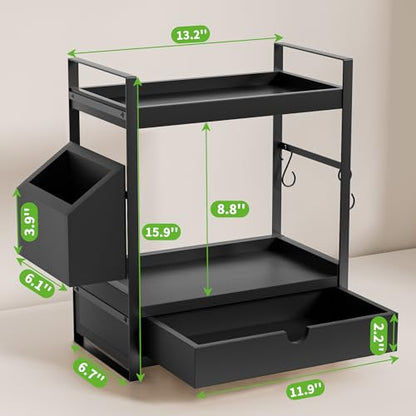 2-Tier Bathroom Counter Organizer, Wooden Vanity Shelf with Drawer & Basket | Pre-Drilled Holes, Skincare & Makeup Countertop Organizer and storage, Black - color: Black