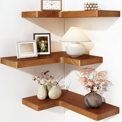 Fixwal Corner Floating Shelves for Wall Mounted Natural Solid Wood 16"x11.4" Farmhouse Home Decor Display Shelving Set of 3 (Rustic Brown) - color: Rustic Brown