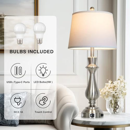 Silver Touch Lamps for Night Stands Set of 2-29.5" Tall Bedside Lamp with USB C+A, 3 Way Dimmable Bedroom Lamps, Brushed Nickel Table Lamps for Living Room - color: Silver
