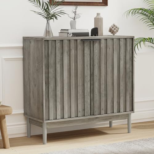 Otterease Fluted Cabinet with Storage, Small Buffet Cabinet Sideboard with Door, Kitchen Buffet Storage Accent Cabinets with Adjustable Shelves for Living Room, Entry, Hallway, Gray - color: Grey, size: 14.2"D x 31.5"W x 31.9"H